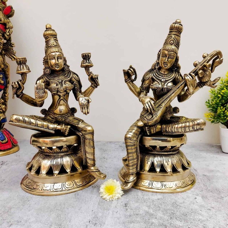 Brass Lakshmi Saraswati Idols - 12.2 inch Height | Divine Blessings and Wisdom