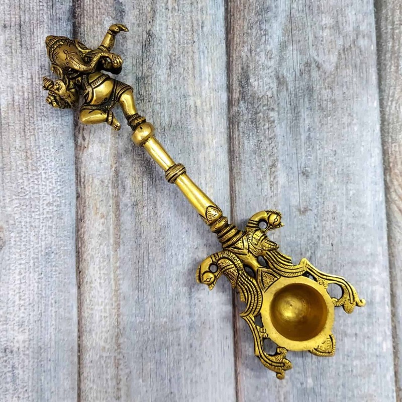 Brass Ganesha Aarti Spoon - 10.5 inch Height | Divine Offering