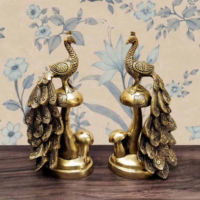 Brass Super Fine Peacock on Mushroom Set of Two - 8.8 inch Height | Artistic Splendor