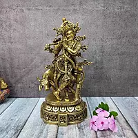 Brass Fine Cow Krishna with Flute - 12 inch Height | Artistic Beauty