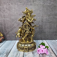 Brass Fine Cow Krishna with Flute - 12 inch Height | Artistic Beauty