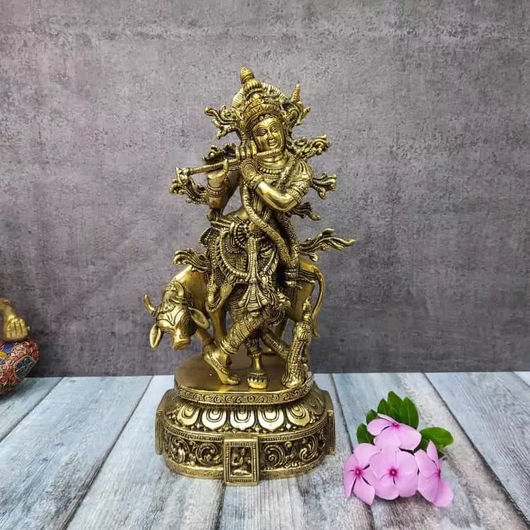 Brass Fine Cow Krishna with Flute - 12 inch Height | Artistic Beauty