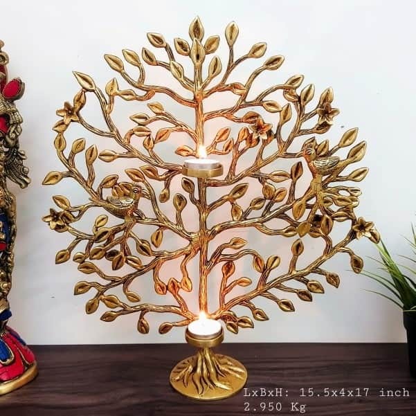 Brass Kalpavriksh Tree with Candle Holders - 17 inch Height | Serene Ambience