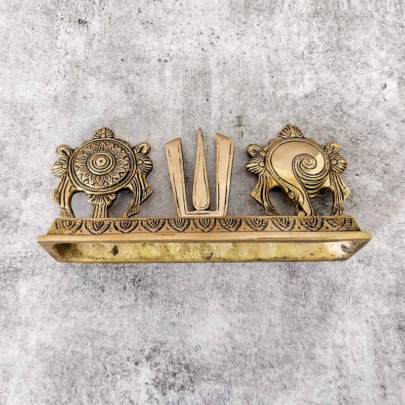 Brass Shankh Chakra Namah Showpiece - 4.4 inch Height | Sacred Brass Showpiece with Shankh and Chakra Design