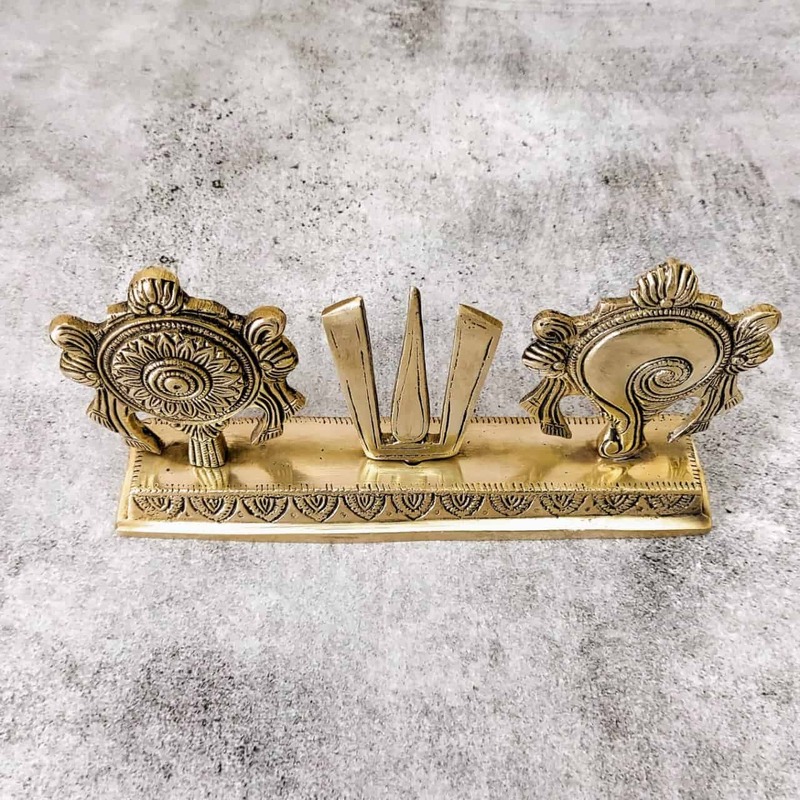 Brass Shankh Chakra Namah Showpiece - 4.4 inch Height | Sacred Brass Showpiece with Shankh and Chakra Design