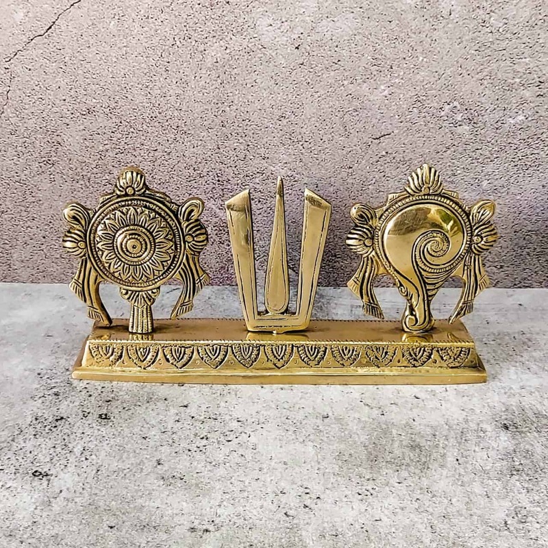 Brass Shankh Chakra Namah Showpiece - 4.4 inch Height | Sacred Brass Showpiece with Shankh and Chakra Design