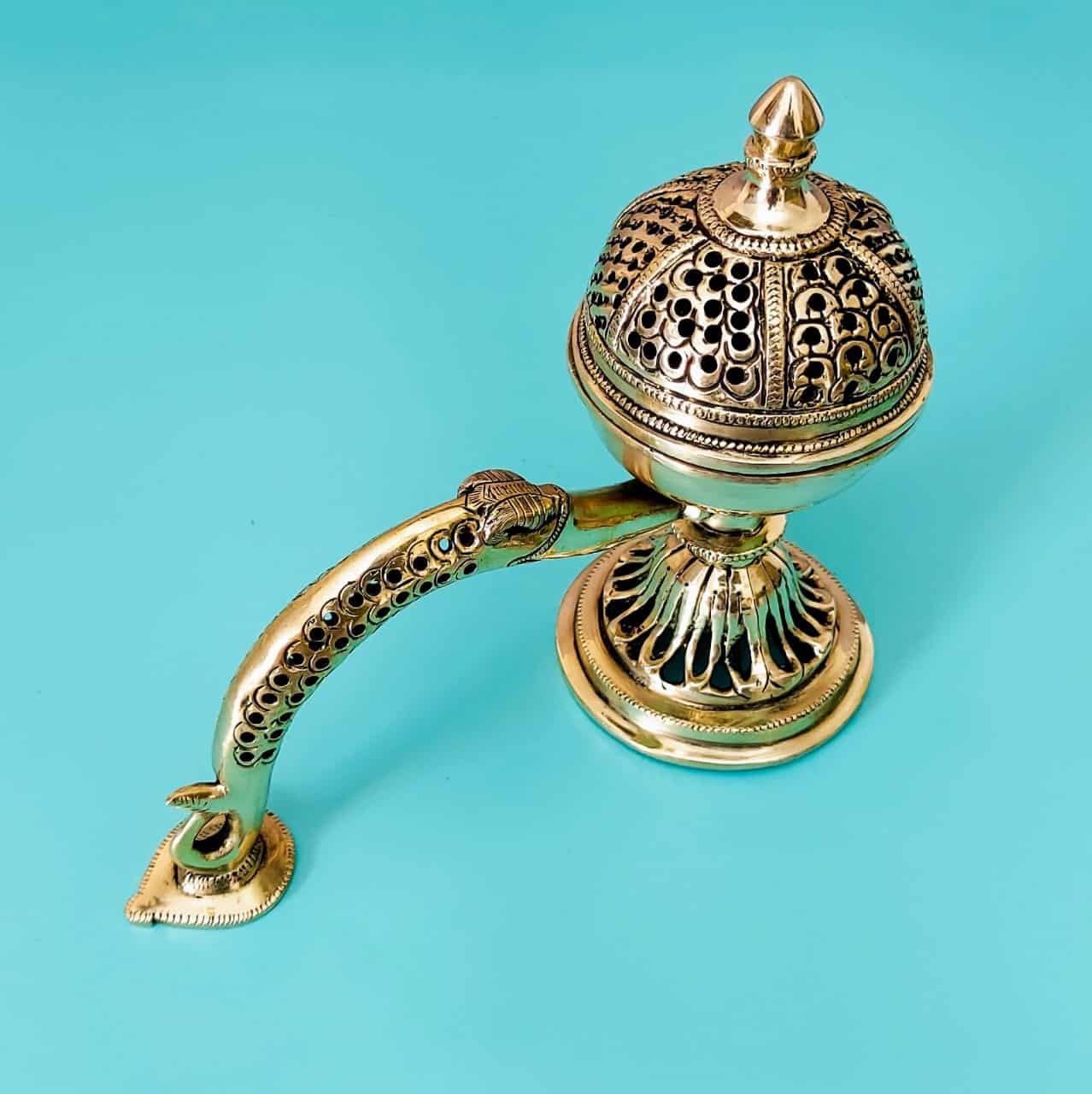 Brass Super Fine Dhoop Dani - 9.5 inch Length - 8 inch Height | Exquisite Brass Dhoop Dani for Aromatic Rituals