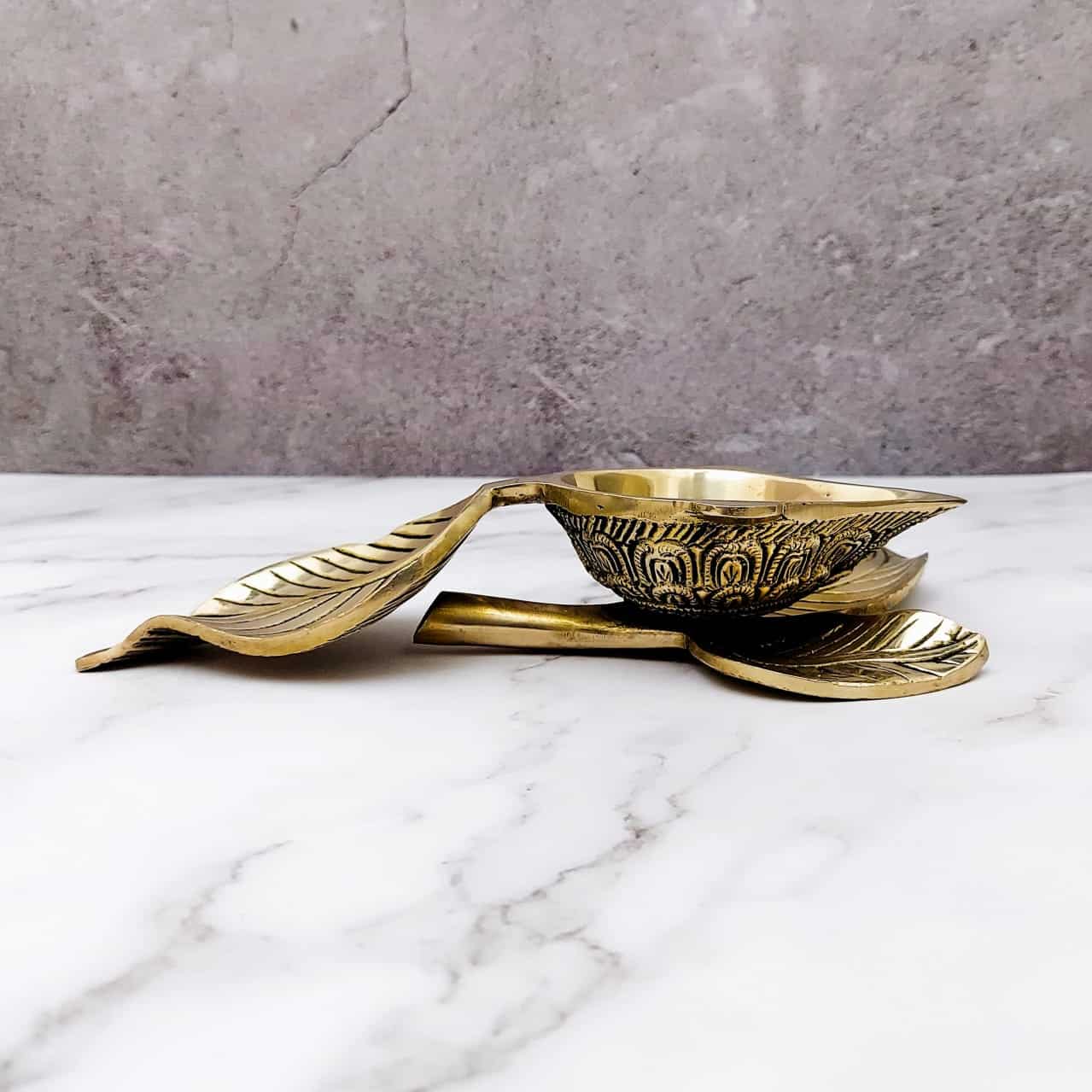 Brass Diya on Leaf with Leaf Holder - 1.5 inch Height | Decorative Brass Diya on Leaf with Holder for Festive Lighting