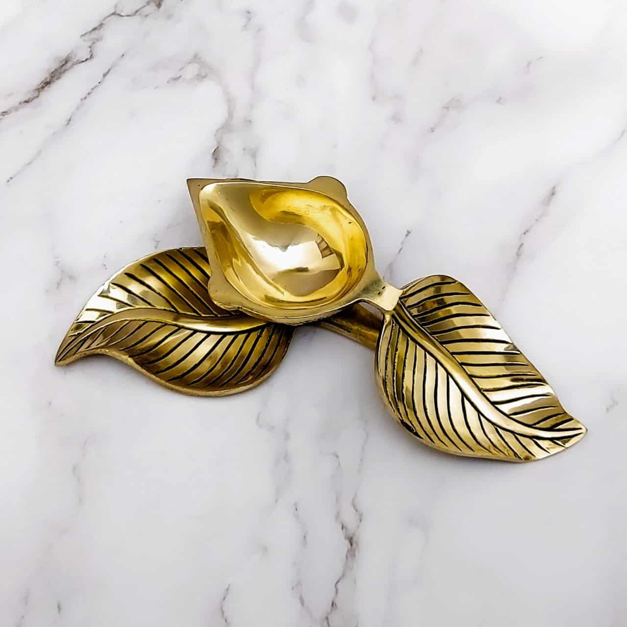 Brass Diya on Leaf with Leaf Holder - 1.5 inch Height | Decorative Brass Diya on Leaf with Holder for Festive Lighting