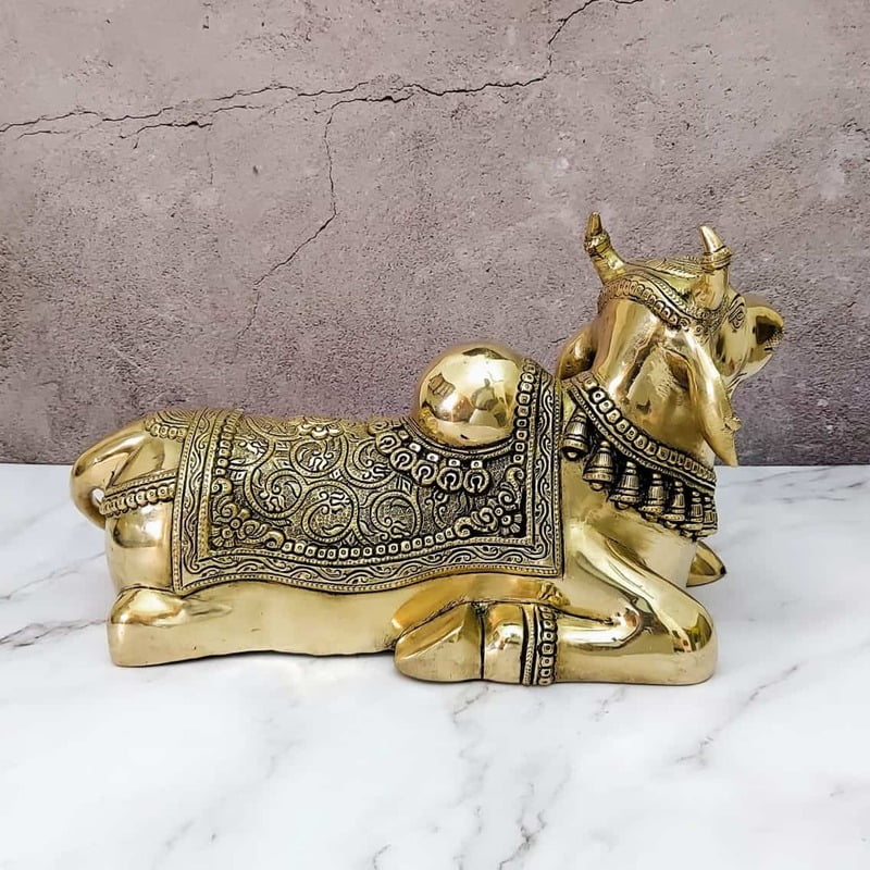 Brass Super Fine Nandi - 9 inch Height | Revered Brass Nandi Statue for Shiva Devotees