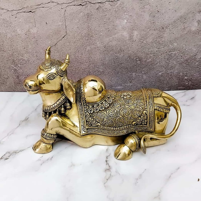 Brass Super Fine Nandi - 9 inch Height | Revered Brass Nandi Statue for Shiva Devotees