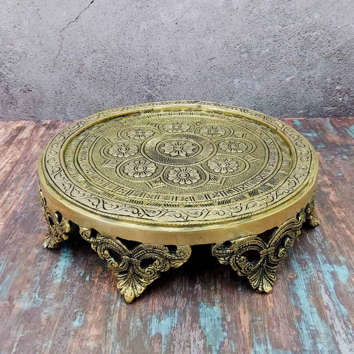 Brass Super Fine Chowki - 3.2 inch Height | Beautiful Brass Chowki for Devotional Space