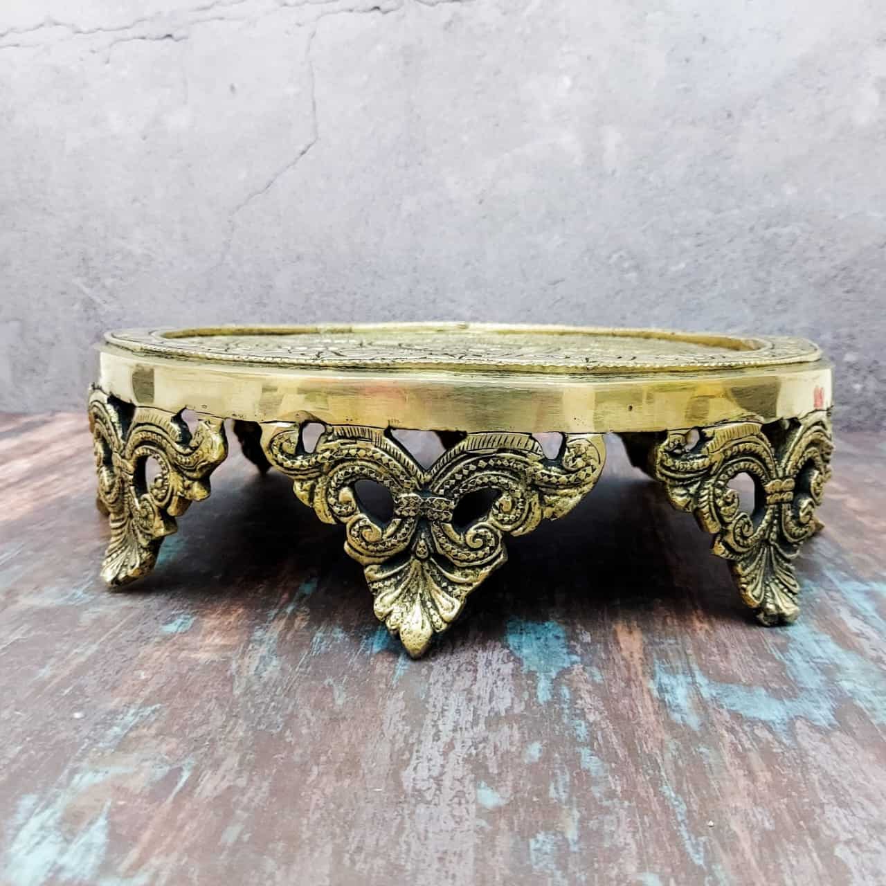 Brass Super Fine Chowki - 3.2 inch Height | Beautiful Brass Chowki for Devotional Space