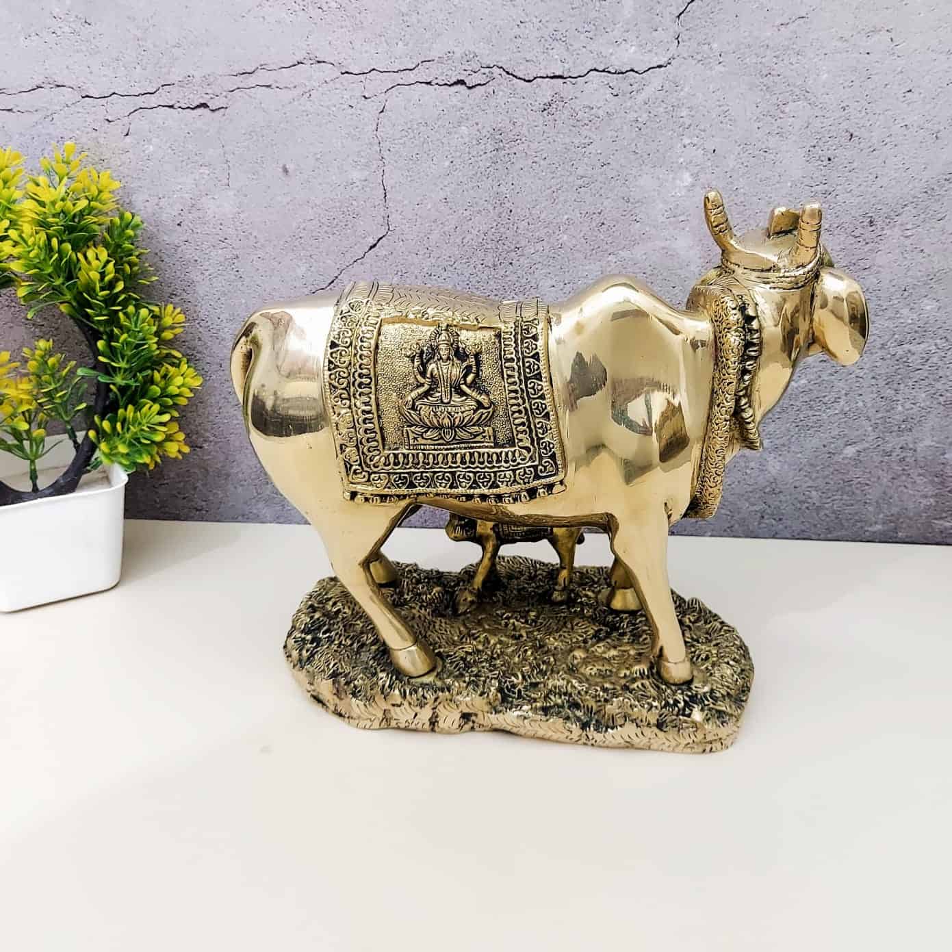 Brass Cow and Calf, Kamadhenu - 10 inch Height | Sacred Brass Kamadhenu Cow and Calf Statue for Blessings