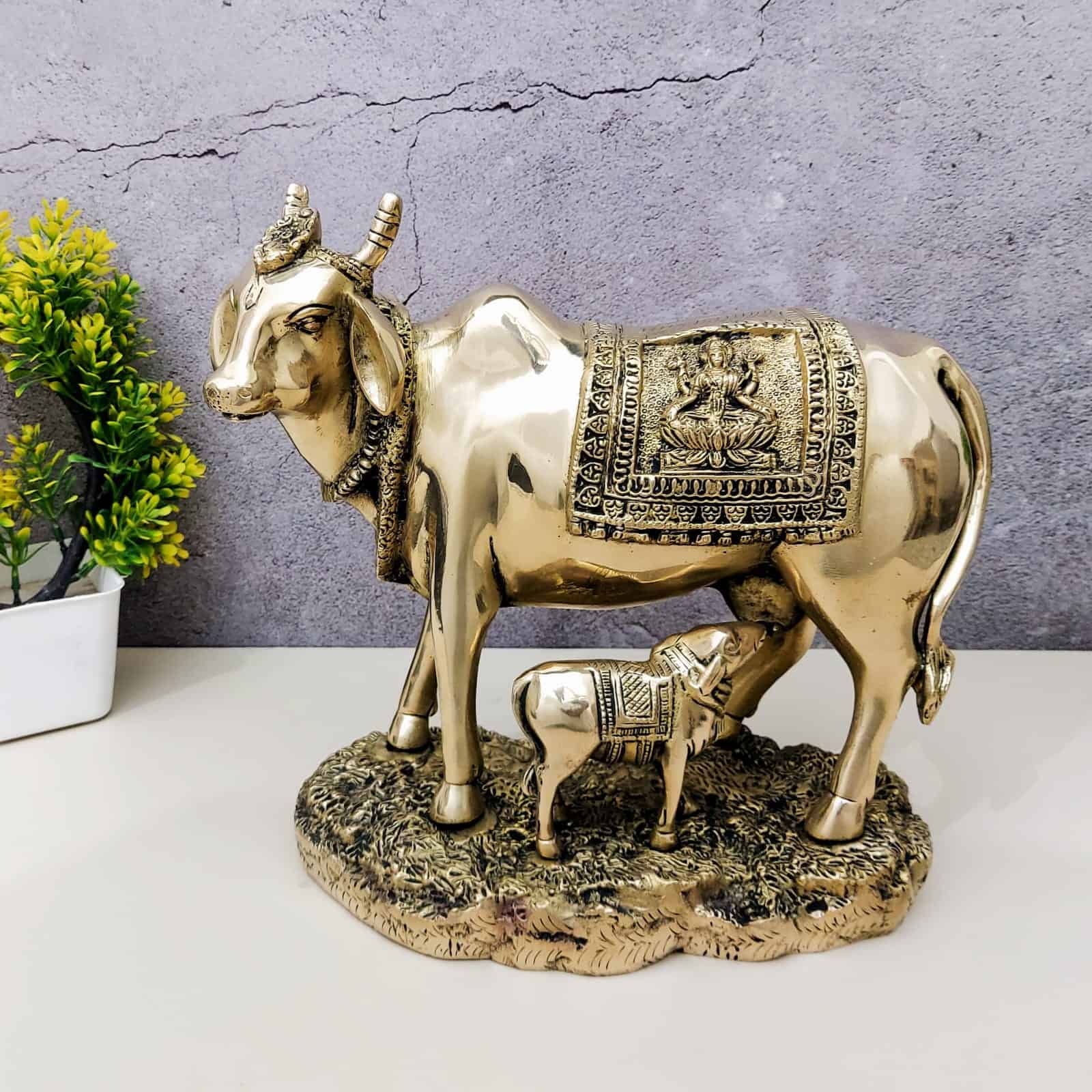 Brass Cow and Calf, Kamadhenu - 10 inch Height | Sacred Brass Kamadhenu Cow and Calf Statue for Blessings