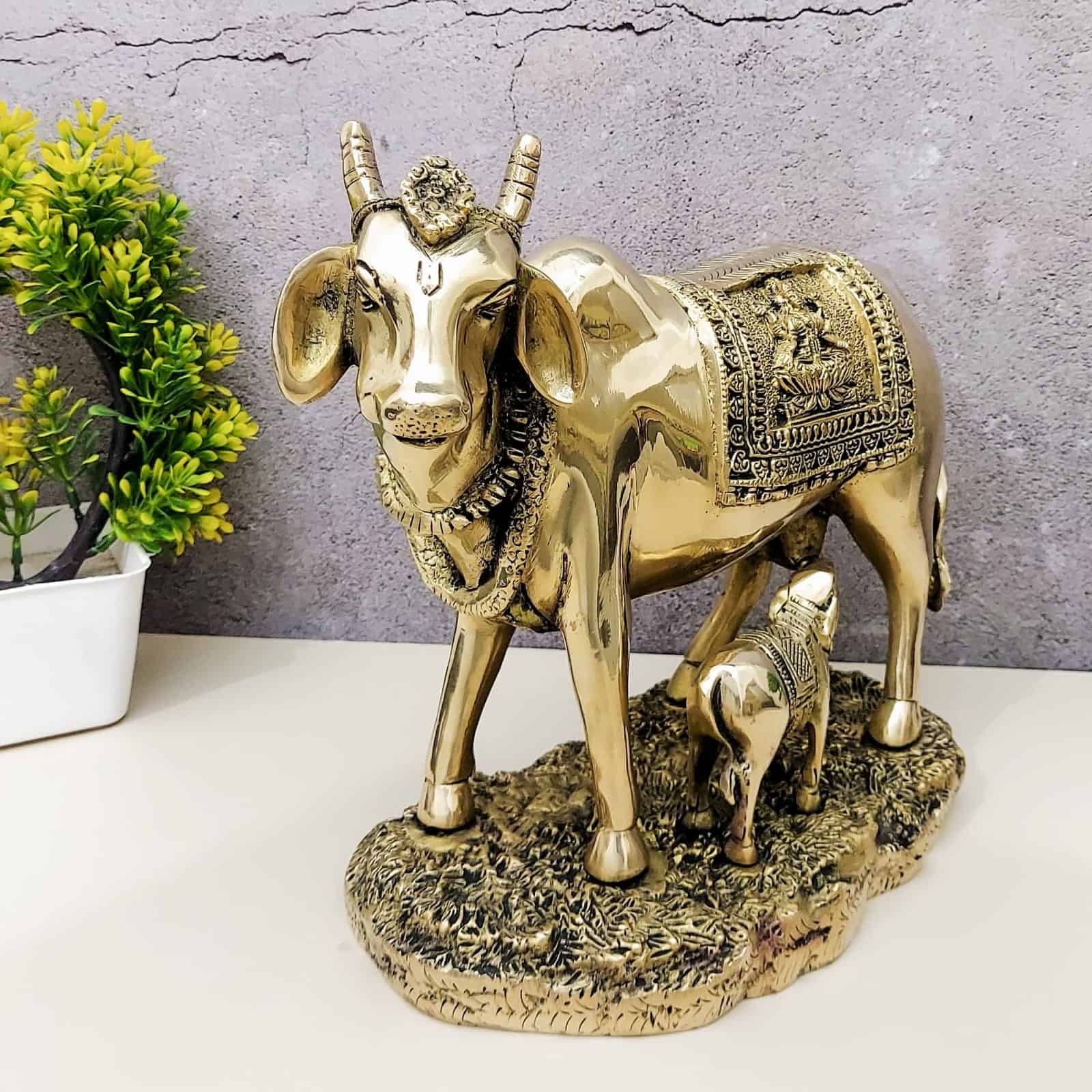 Brass Cow and Calf, Kamadhenu - 10 inch Height | Sacred Brass Kamadhenu Cow and Calf Statue for Blessings