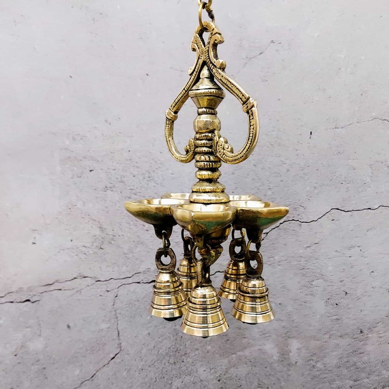 Brass Five Wick Wall Hanging Lamp with Bells - 24 inch Height | Traditional Brass Wall Hanging Lamp with Five Wicks and Bells