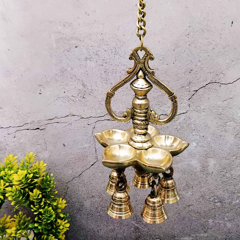 Brass Five Wick Wall Hanging Lamp with Bells - 24 inch Height | Traditional Brass Wall Hanging Lamp with Five Wicks and Bells