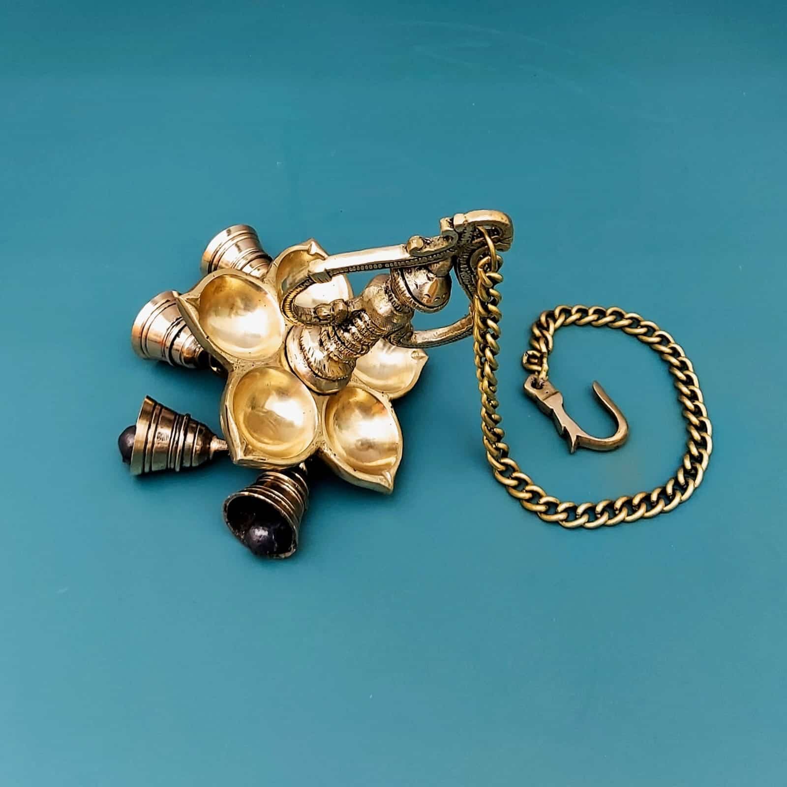 Brass Five Wick Wall Hanging Lamp with Bells - 24 inch Height | Traditional Brass Wall Hanging Lamp with Five Wicks and Bells