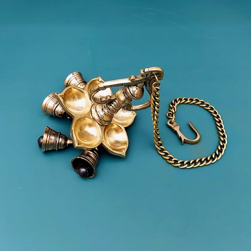 Brass Five Wick Wall Hanging Lamp with Bells - 24 inch Height | Traditional Brass Wall Hanging Lamp with Five Wicks and Bells