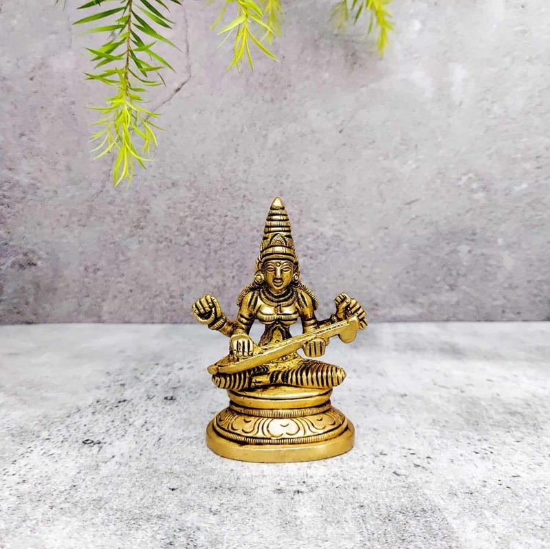 Brass Saraswati Devi Idol - 3.5 inch Height | Sacred Brass Saraswati Devi Idol for Knowledge and Wisdom