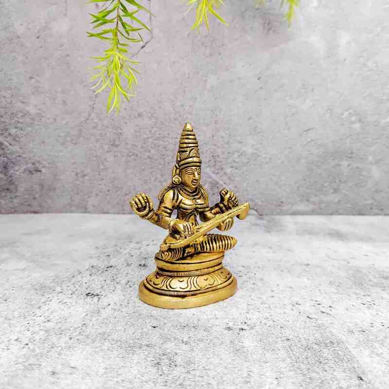 Brass Saraswati Devi Idol - 3.5 inch Height | Sacred Brass Saraswati Devi Idol for Knowledge and Wisdom