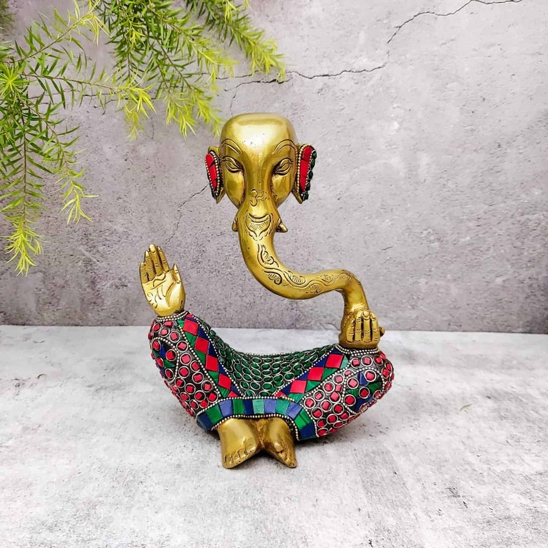 Brass Ganesha Idol with Stone Work - 8 inch Height | Exquisite Brass Ganesha Idol with Stone Work - Shop Now