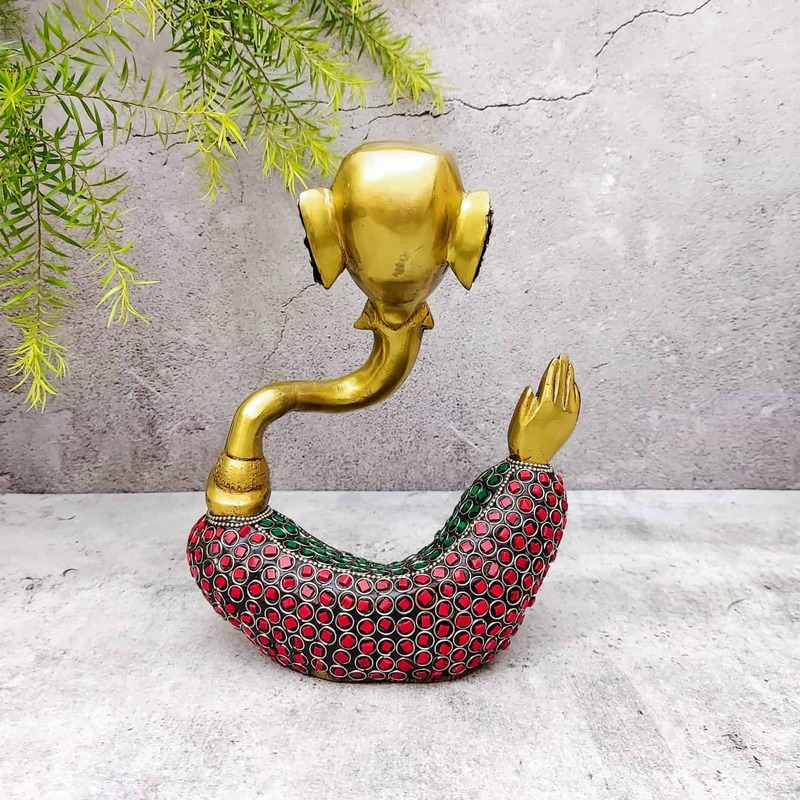 Brass Ganesha Idol with Stone Work - 8 inch Height | Exquisite Brass Ganesha Idol with Stone Work - Shop Now
