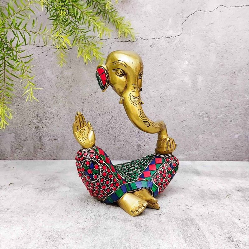 Brass Ganesha Idol with Stone Work - 8 inch Height | Exquisite Brass Ganesha Idol with Stone Work - Shop Now