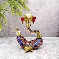 Brass Ganesh Idol with Stone Work - 8 inch Height | Beautiful Brass Ganesh Idol with Stone Work - Buy Online