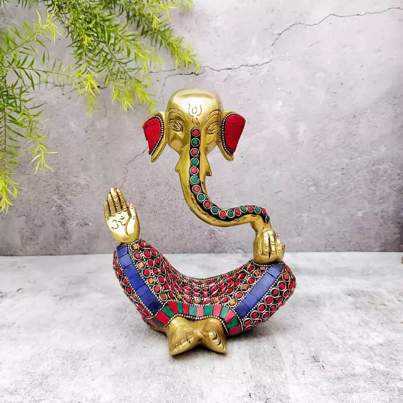 Brass Ganesh Idol with Stone Work - 8 inch Height | Beautiful Brass Ganesh Idol with Stone Work - Buy Online