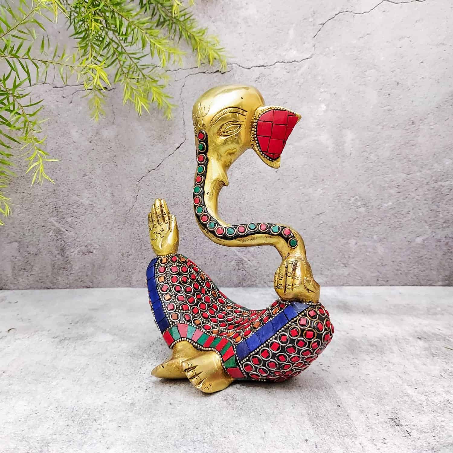 Brass Ganesh Idol with Stone Work - 8 inch Height | Beautiful Brass Ganesh Idol with Stone Work - Buy Online