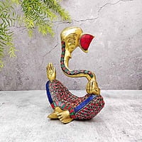 Brass Ganesh Idol with Stone Work - 8 inch Height | Beautiful Brass Ganesh Idol with Stone Work - Buy Online