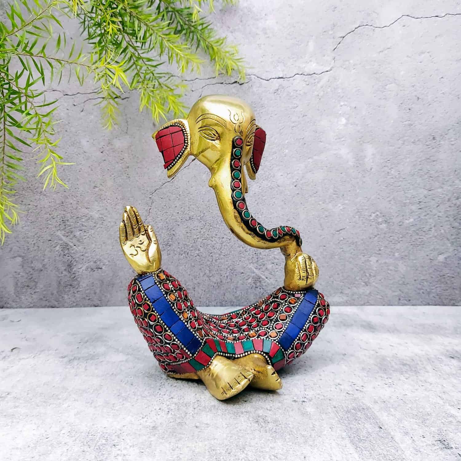 Brass Ganesh Idol with Stone Work - 8 inch Height | Beautiful Brass Ganesh Idol with Stone Work - Buy Online