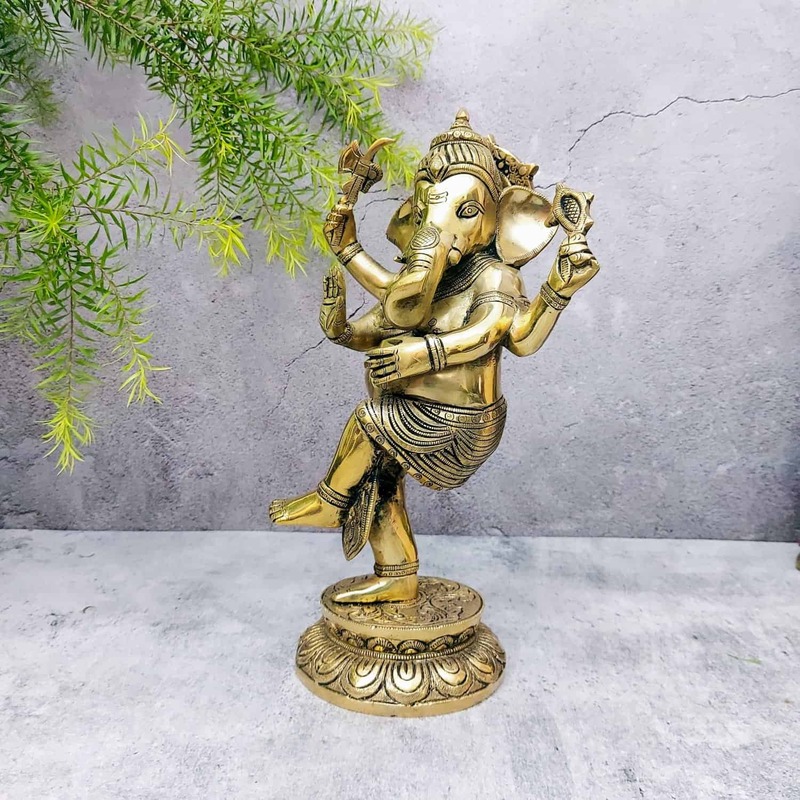 Brass Dancing Ganesh Idol - 11.5 inch Height | Divine Brass Dancing Ganesh Idol for Home Decor