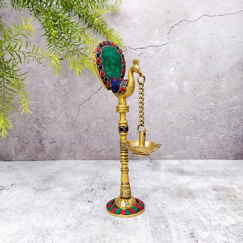 Brass Peacock Lamp with Stone Work - 9.5 inch Height | Elegant Brass Peacock Lamp with Stone Work - Premium Quality