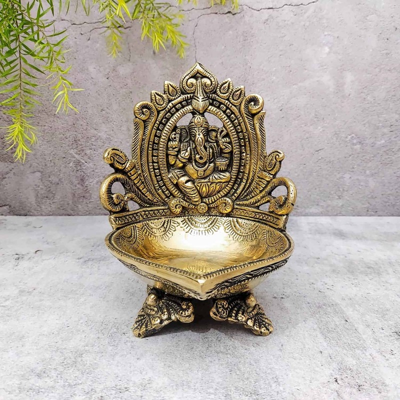 Brass Ganesh Akhand Diya - 7 inch Height | Decorative Brass Ganesh Akhand Diya for Rituals - Buy Online