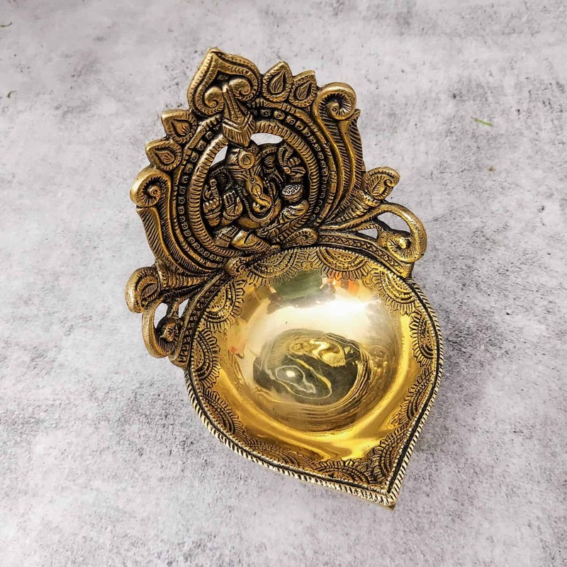 Brass Ganesh Akhand Diya - 7 inch Height | Decorative Brass Ganesh Akhand Diya for Rituals - Buy Online