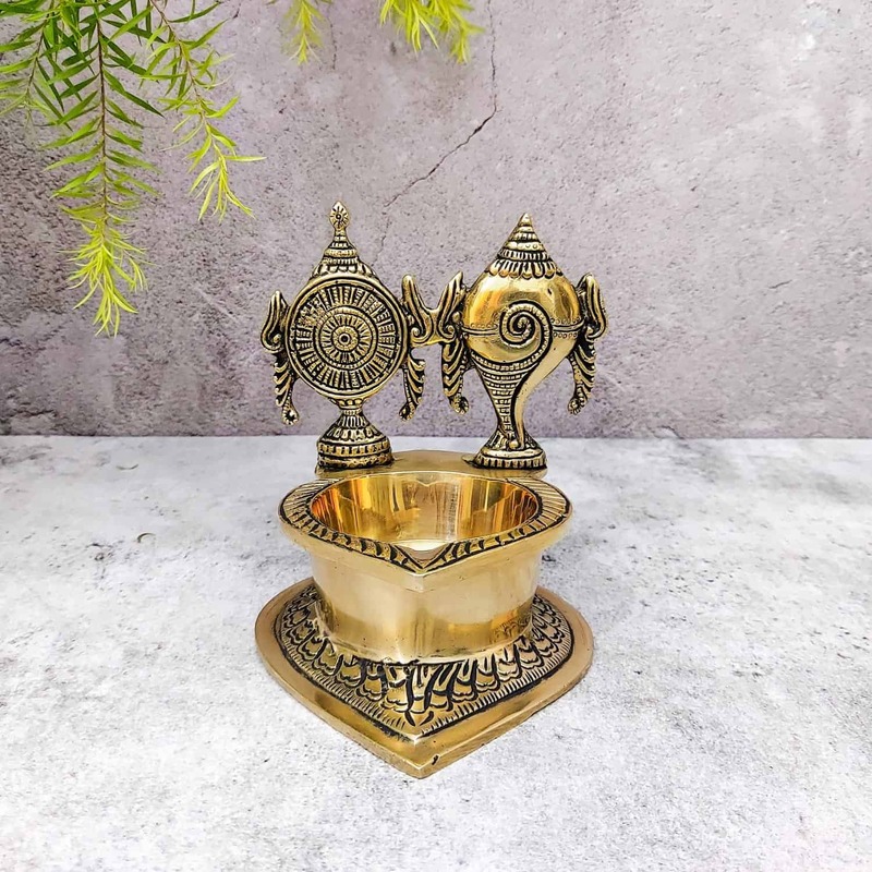 Brass Shankh Chakra Diya - 5.5 inch Height | Auspicious Brass Shankh Chakra Diya for Pooja - Shop Now