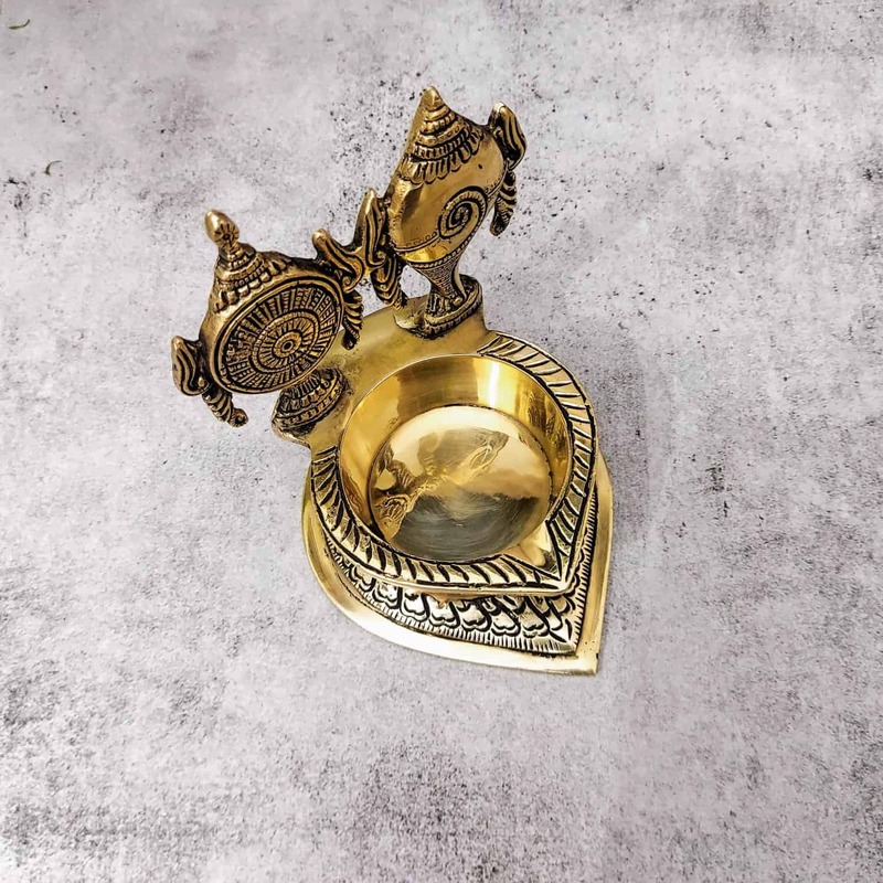 Brass Shankh Chakra Diya - 5.5 inch Height | Auspicious Brass Shankh Chakra Diya for Pooja - Shop Now