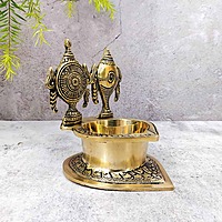 Brass Shankh Chakra Diya - 5.5 inch Height | Auspicious Brass Shankh Chakra Diya for Pooja - Shop Now
