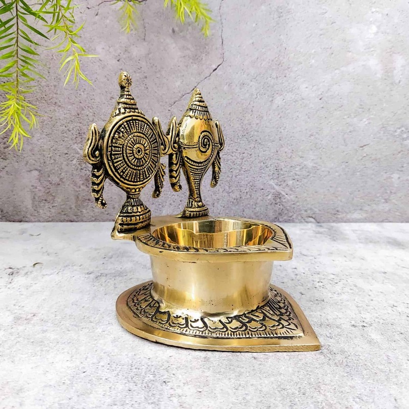 Brass Shankh Chakra Diya - 5.5 inch Height | Auspicious Brass Shankh Chakra Diya for Pooja - Shop Now