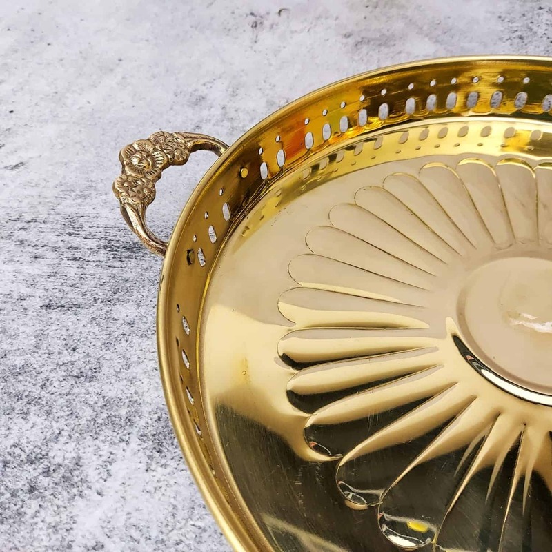 Elegant Brass Moroccan Tray Pooja Thali with Handles | A Beautiful Addition to Your Home Decor