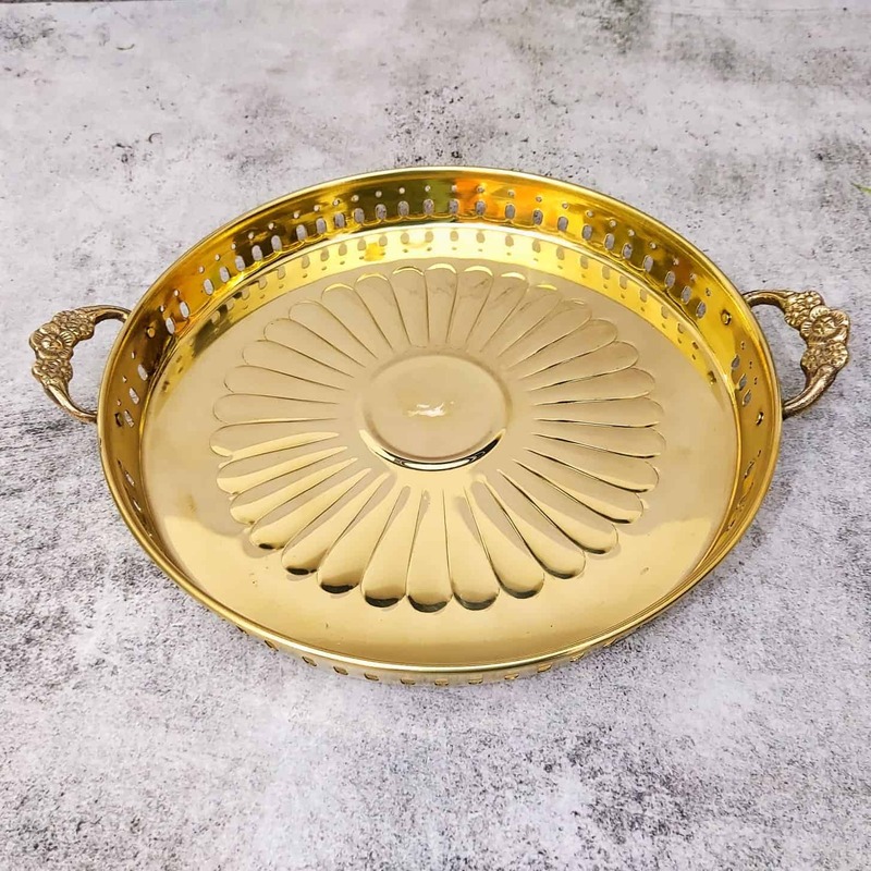 Elegant Brass Moroccan Tray Pooja Thali with Handles | A Beautiful Addition to Your Home Decor