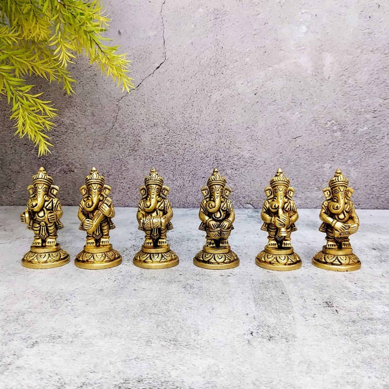Brass Ganesh Musical Set of 6 pieces - 3 inch Height | Traditional Brass Ganesh Musical Set of 6 pieces - Buy Online