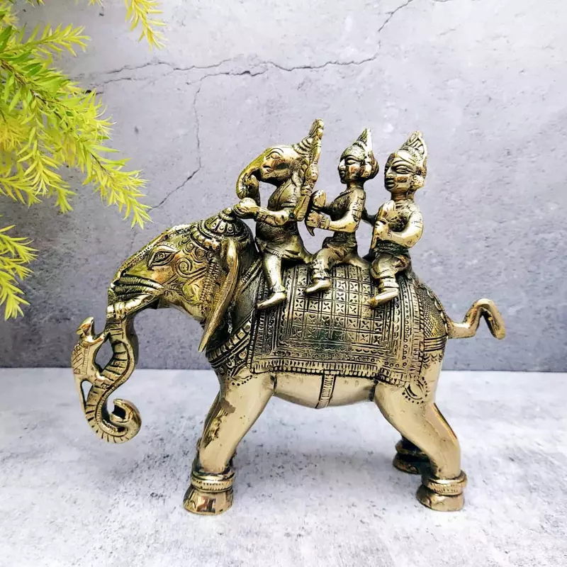 Brass Ganesh Riddhi Siddhi Riding on Elephant - 8 inch Height | Divine Brass Ganesh Riddhi Siddhi Riding on Elephant - Shop Now