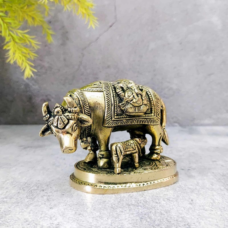 Brass Lakshmi Ganesh Kamadhenu / Cow and Calf - 3 inch Height | Divine Brass Lakshmi Ganesh Kamadhenu / Cow and Calf Idol - Shop Now