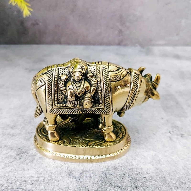 Brass Lakshmi Ganesh Kamadhenu / Cow and Calf - 3 inch Height | Divine Brass Lakshmi Ganesh Kamadhenu / Cow and Calf Idol - Shop Now