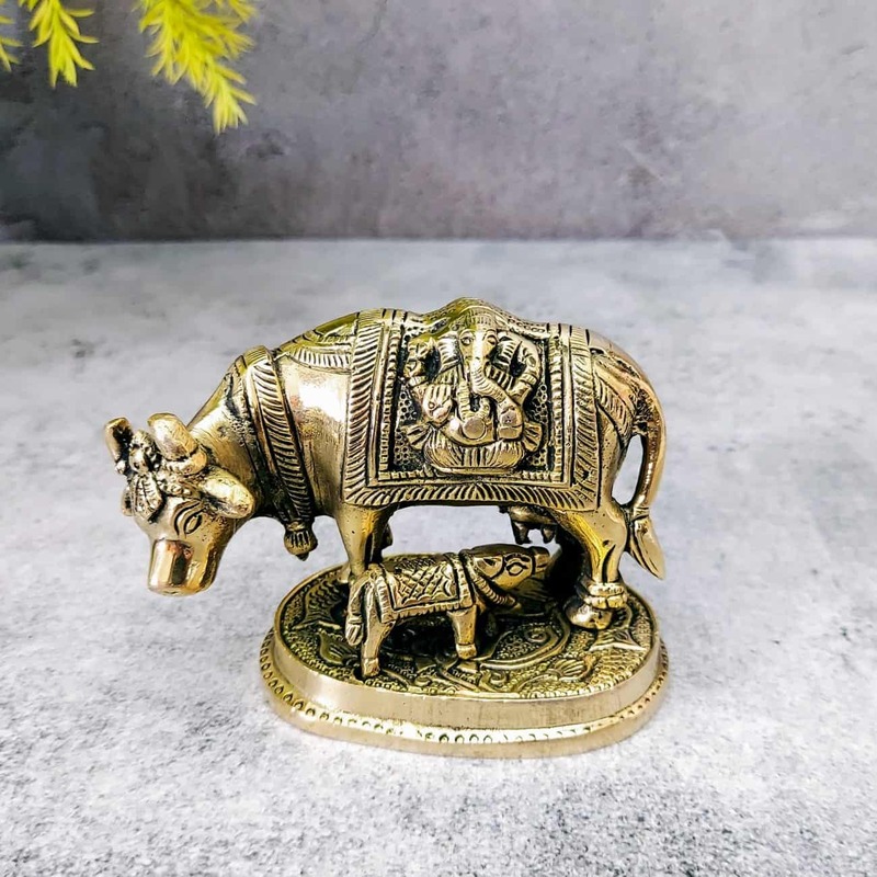 Brass Lakshmi Ganesh Kamadhenu / Cow and Calf - 3 inch Height | Divine Brass Lakshmi Ganesh Kamadhenu / Cow and Calf Idol - Shop Now