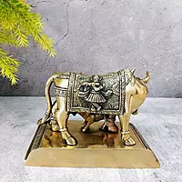 Brass Vishnu and Krishna Kamadhenu / Cow and Calf - 5.2 inch Height | Sacred Brass Vishnu and Krishna Kamadhenu / Cow and Calf Idol - Premium Quality